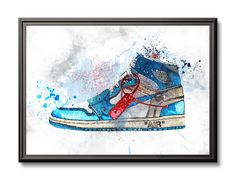 a watercolor painting of a blue sneaker with a red tie on it's shoe