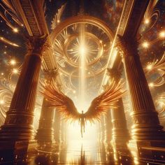 an artistic scene with angel wings in the middle of pillars and lights shining down on them