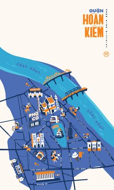 an illustrated map of hoan kiem in orange and blue, with people walking on it