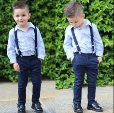 two pictures of a little boy wearing suspenders and a blue shirt with black shoes