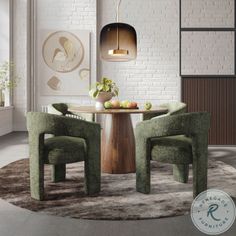 a round table with green chairs around it