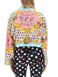 100% Silk Designer Multicolor Printed Tops, Luxury Long Sleeve Tops For Spring, Luxury Silk Top With Graphic Print, Designer Multicolor Long Sleeve Top, Luxury Long Sleeve Tops For Summer, Designer Multicolor Fall Shirt, Designer Printed Tops For Spring, Luxury Pink Tops For Spring, Luxury Multicolor Spring Shirt