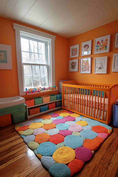 a baby's room with orange walls and colorful rugs