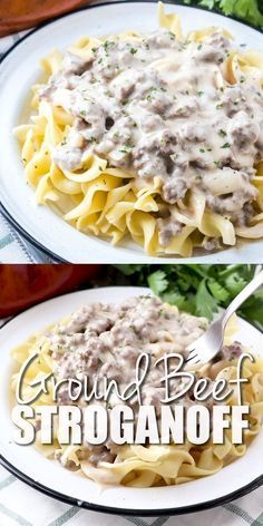 two plates filled with pasta covered in gravy beef stroganonoff