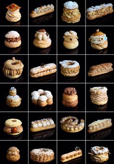 many different types of pastries are shown in this collage with black and white images