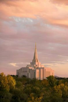 an image of a church that is in the middle of trees and bushes at sunset