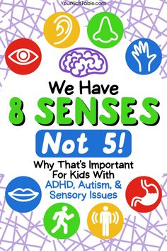 Our 8 senses of the body make sensory processing possible! Learn about how vision, hearing, taste, touch, smell, interoception, proprioception, and vestibular senses work together, and what to look for when a child has sensory processing disorder, ADHD, or Autism. Doctor Supplies, Proprioceptive Activities, Neurodivergent Brain, 8 Sense, Safety Awareness, Child Therapy