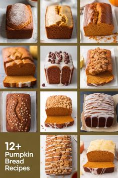 twelve different pumpkin breads with frosting on them