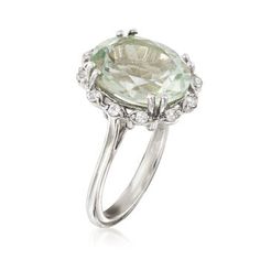 Ross-Simons - 4.40ct Prasiolite, .20ct t. w. White Topaz Ring in Silver. Size 9. This ring has a charming look that is reminiscent of spring. A fresh 4.40 carat green prasiolite oval is trimmed in .20 ct. t. w. white topaz petals. Crafted in polished sterling silver. 5/8" wide. White topaz and prasiolite ring. Classic Green Amethyst Rings, Elegant Green Amethyst Ring For Formal Occasions, Elegant Green Amethyst Topaz Gemstone Ring, Elegant Green Amethyst Topaz Ring, Formal Green Amethyst Ring With Prong Setting, Elegant Green Amethyst Rings With Center Stone, Elegant Green Amethyst Round Ring, Elegant Green Amethyst Promise Ring, Elegant Green Amethyst Ring For Wedding