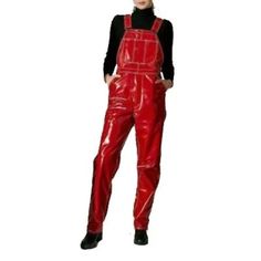 Women Vinyl Red Jumpsuit Romper Play Suit Pvc Two Side Pockets. Contrast Stitching. Adjustable Shoulder Straps. Zip Fly. Red Jumpsuits And Rompers For Work In Fall, Red Overall Jumpsuit For Fall, Red Jumpsuit For Work In Fall, Red Jumpsuit For Workwear In Fall, Red Overall Jumpsuit With Pockets, Red Overall Jumpsuit For Work, Fitted Red Overalls, Elegante Jumpsuits, Victorian Coat