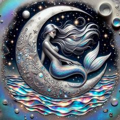 a painting of a mermaid sitting on the moon with water droplets around her and stars in the sky