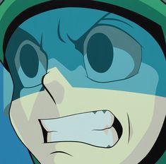 an animated image of a person wearing a green hat and blue jacket with his mouth open