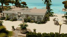 an artist's rendering of a house on the beach surrounded by palm trees and flowers