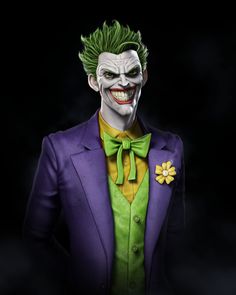 the joker is wearing a purple suit and green bow tie with yellow flowers on his lapel