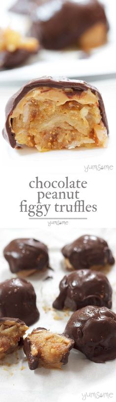 chocolate peanut figgy truffles are stacked on top of each other and have been cut in half