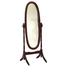 a wooden stand with a large mirror on it's legs and an oval mirror in the middle