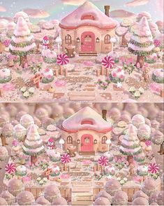 a pink house surrounded by snow covered trees and flowers in front of a rainbow colored sky