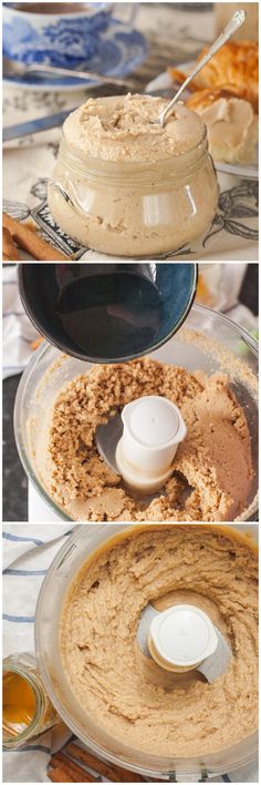 three pictures showing how to make peanut butter in a food processor