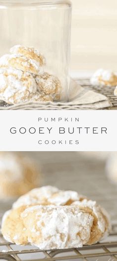 pumpkin gooey butter cookies on a cooling rack with the words, pumpkin gooey butter cookies