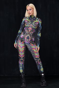 Rave and Festival Outfit Badinka. Form-fitting fest and rave bodysuit with unique designer print and vivid colors that do not fade away with washing. High quality stretchy and sturdy elastic material that makes you feel comfortable and sexy. 

 
 Mock Neckline 
 Robust and Hidden Front Zipper Closure 
 Long Sleeves 
 UV Black Light Reactive 
 82% Polyester 18% Elastane 
 Non-Transparent Italian Lycra 
 30° Cold Wash, Hang dry 
 

 Sexy rave bodysuit, burning man clothing women, festival clothing Fitted Rave Bodysuit For Costume Party, Fitted Halloween Festival Bodysuit, Fitted Bodysuit For Halloween Festival, Black Fitted Rave Bodysuit, Fitted Rave Unitard For Costume Party, Rave Style Stretch Unitard For Festivals, Rave Unitard With Stretch For Festivals, Multicolor Stretch Rave Unitard, Rave Unitard With Stretch Fit For Festivals