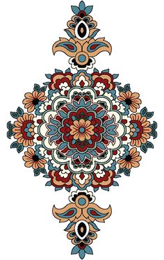 an ornate flower design in red, orange and blue