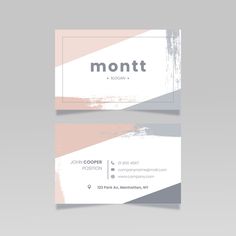 a business card with the word montt written in grey, pink and white colors