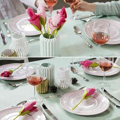 two pictures of pink roses in vases with wine glasses and silverware on the table