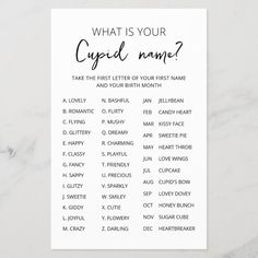 a white card with the words what is your cupid name? and an image of a