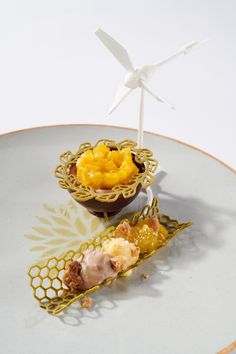 two desserts on a plate with a wind turbine in the background, one is yellow