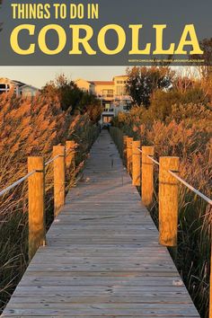 the cover of things to do in corolla, with a wooden walkway leading through tall grass