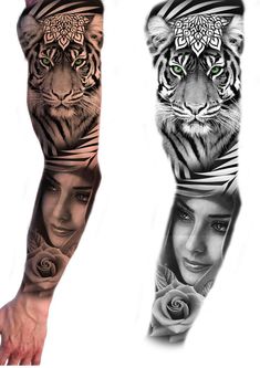 two different tattoos on the arms and legs, one with a tiger and another with a woman's face