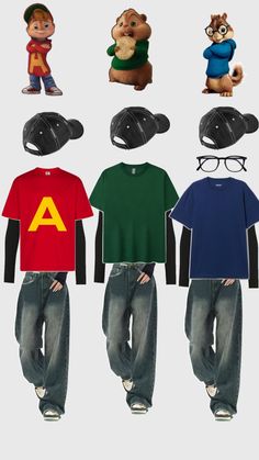 Trio Halloween costume inspo - Alvin and the chipmunks - baggy street wear jeans, red t shirt, blue t shirt green t shirt with black longsleeve undershirt and black backwards hats Twin Costumes, Trio Halloween Costume, Disney Characters Costumes, Horror Halloween Costumes, Cheap Halloween Costumes