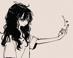 a drawing of a girl with long hair holding her hand out to the side and pointing at something