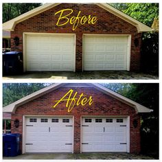 two garage doors with the words before and after painted