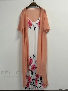 Peilia - Womens Plus Size Casual Outfit Set: Floral Print V-Neck Cami Dress & Solid Short Sleeve Open Front Cover Up Two-Piece Set Pink Open Front Summer Dress, Summer Pink Open Front Dress, Open Front Pink Spring Dress, Pink Open Front Dress For Spring, Open Front Pink Dress For Spring, Leopard Print Cami, Casual Wear Women, Floral Sleeve, Plus Size Casual