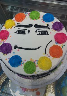 A round white birthday cake with rainbow icing in swirls around the sides and in the middle there is the roblox man face in black. Roblox Face Cake, Funny Birthday Cakes For Men Boyfriends, Cakes With Faces, 13th Bday Cake Ideas, Cakes To Make With Friends Funny, Cake With Face, Funny Things To Put On Birthday Cake, Funny Cake Decorating Ideas, Roblox Man Face Cake