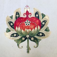 a drawing of a red flower with green leaves and white flowers on the petals is shown