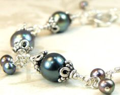 Pearl Bracelet, Silver Blue Peacock, Sterling Silver, Freshwater Pearls, Summer Wedding, June Birthday Gift, Birthstone, Ready to Ship Handmade Elegant Sterling Silver Pearl Bracelet, Elegant Handmade Sterling Silver Pearl Bracelet, Elegant Pearl And Gemstone Wedding Bracelet, Elegant Pearl Beaded Bracelets With Gemstones, Tahitian Pearl Charm Jewelry For Wedding, Tahitian Pearl Charm Wedding Jewelry, Elegant Gemstone Beaded Bracelets For Anniversary, Elegant Silver Beaded Gemstone Bracelets, Elegant Pearl And Gemstone Bracelet As Gift