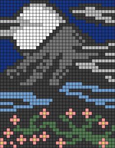 an image of a cross stitch pattern with mountains and flowers in the foreground, against a dark blue sky