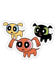 three stickers with different cartoon characters on them, one is black and the other is orange