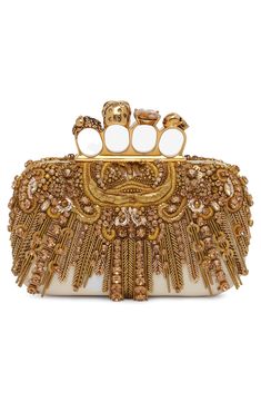 A knuckle-ring clasp set with bejeweled skulls and crystals underscores the signature gothic glamour of this baroquely embroidered silk box clutch. Clasp closure Removable chain strap Sueded lining Silk/glass/Swarovski crystal/metal Made in Italy Designer Handbags Alexander Mcqueen Clutch, Alexander Mcqueen Bag, Punk Skull, Box Clutch, Vintage Purses, Beaded Purses, Moda Vintage, Beaded Bags, Beautiful Bags