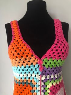 Crochet Granny Square Dress for Women Crochet Pareo Handmade - Etsy Handmade Multicolor Crochet Cotton Top, Multicolor V-neck Crochet Top, Bohemian Fitted Patterns With Crochet Lace, Fitted Bohemian Patterns With Crochet Lace, Fitted Multicolor Granny Square Crochet Top, Multicolor Hand Knitted Crochet Top For Beach, Fitted Multicolor Crochet Top With Granny Square, Multicolor Sleeveless Crochet Lace Top, Multicolor Hand-knitted Crochet Top For Beach