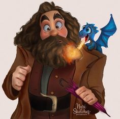 a man with long hair and beard holding an umbrella next to a small blue dragon