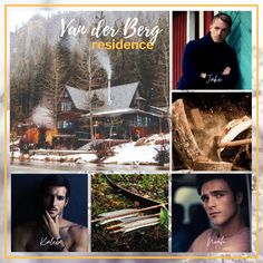 a collage of photos with the words, you dear being residence and images of men in front of a cabin