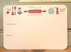 a recipe card with tea kettles and kitchen utensils on the front side