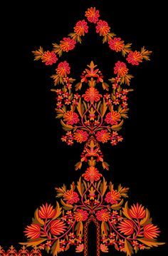 an ornate design on a black background with red and orange flowers in the center,