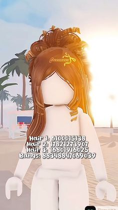 an animated image of a woman with long hair and palm trees in the background,