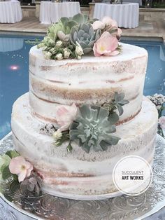 a three tiered cake with succulents and flowers on top sits in front of a swimming pool