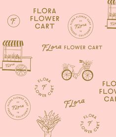 the flower cart logo has been drawn in brown ink on a pink background with other flowers