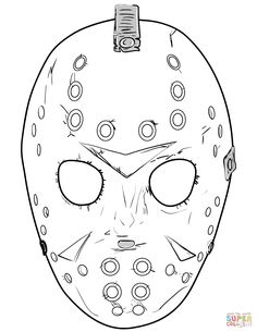 a drawing of a hockey mask with eyes and mouth drawn in the style of friday the 13th